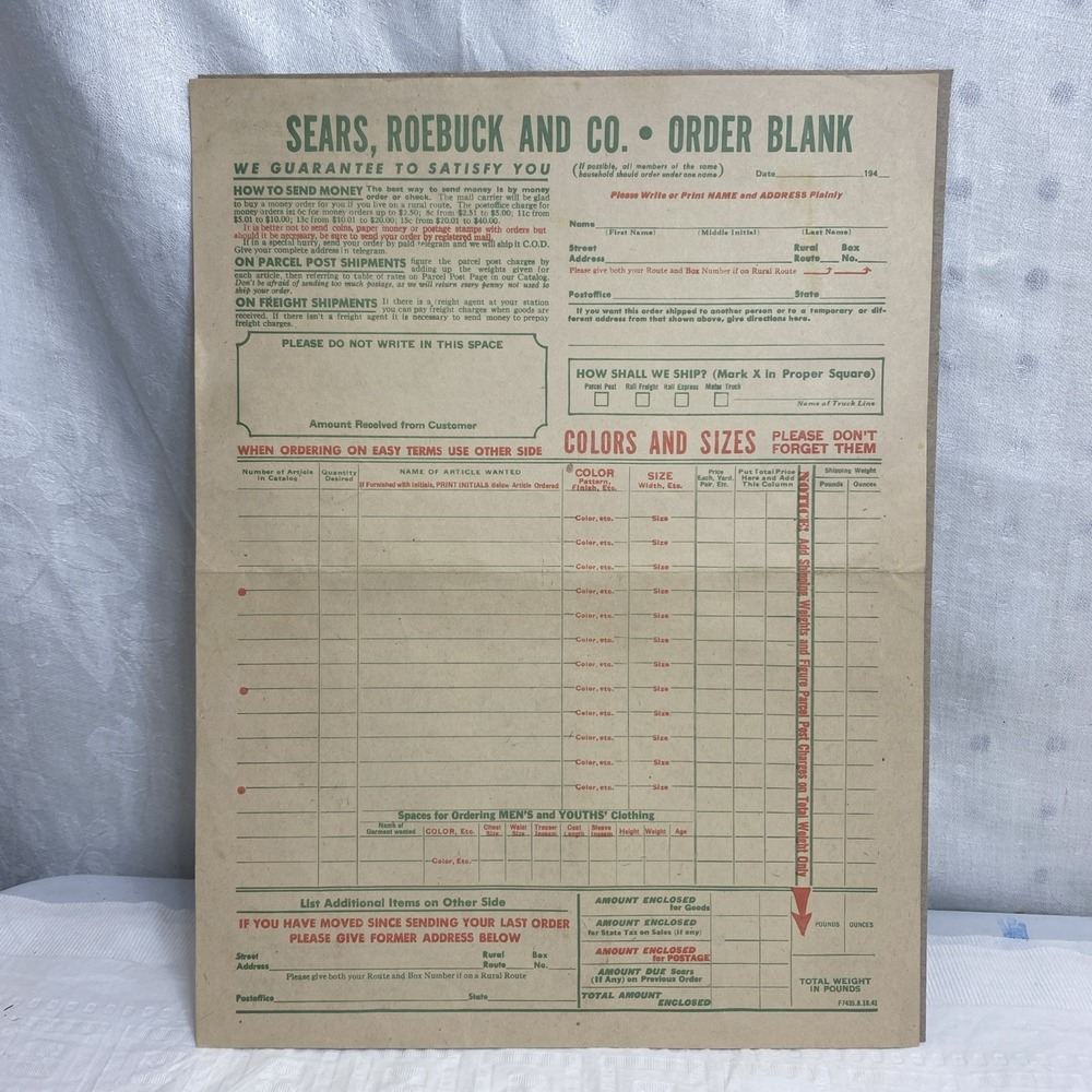 Vintage Sears Roebuck & Co. Order Blank Form 1940s Collectible Ephemera